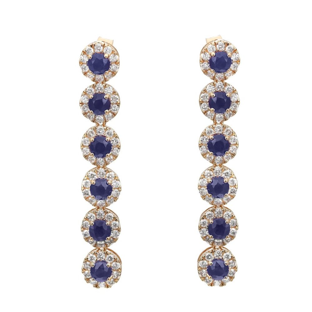 Round Cut Blue Sapphire & Diamond Halo Long Drop Earrings 14K Yellow Gold 1.6 In
